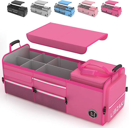 LIBZAKI Oversize 4 in 1 Car Trunk Storage Organizer, Multi Compartment Collapsible Trunk Storage Box with Cooler Bag for Car Truck SUV-Rose red
