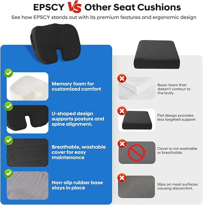 EPSCY Memory Foam U-Shaped Cushion for Coccyx, Hemorrhoid, Sciatica & Tailbone Pain Relief - Pressure Reducing Seat Cushion with Removable Cover - Postpartum Pillow for Office Chair, Wheelchair, Black