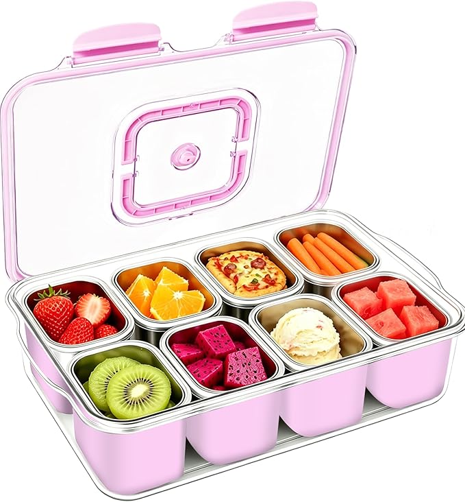 Snackle Box Container, Stainless Steel Divided Serving Tray with Lid and Handle, Large Snack Tray for Fruit Veggie Candy, 8-Compartment Snack Platter for Travel Beach Picnic,with Pink Silicone Sleeve