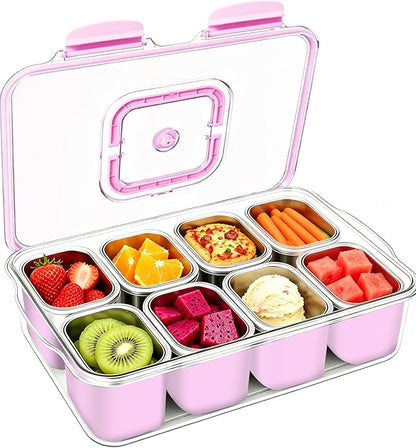 Snackle Box Container, Stainless Steel Divided Serving Tray with Lid and Handle, Large Snack Tray for Fruit Veggie Candy, 8-Compartment Snack Platter for Travel Beach Picnic,with Pink Silicone Sleeve
