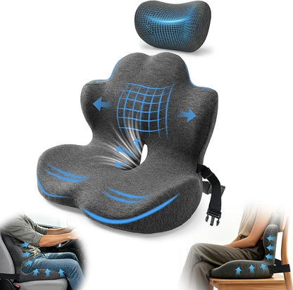 3-in-1 Memory Foam Seat Cushion & Headrest Pillow with Lumbar Support L-Shaped Ergonomic Driver Seat Cushions Design for Sciatica and Tailbone Pain Relief Comfort for Car,Truck,Chair