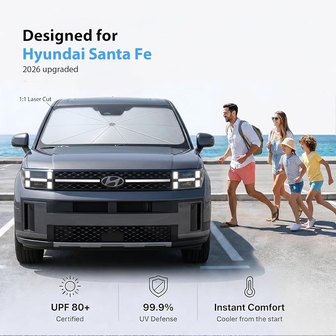 2026 Upgraded Windshield Sun Shade Umbrella for Hyundai Santa Fe [Precision Custom Fit, Superior UV & Heat Block] Cooling Tech Fabric, Durable Foldable with Storage Bag, Fits 2001-2026