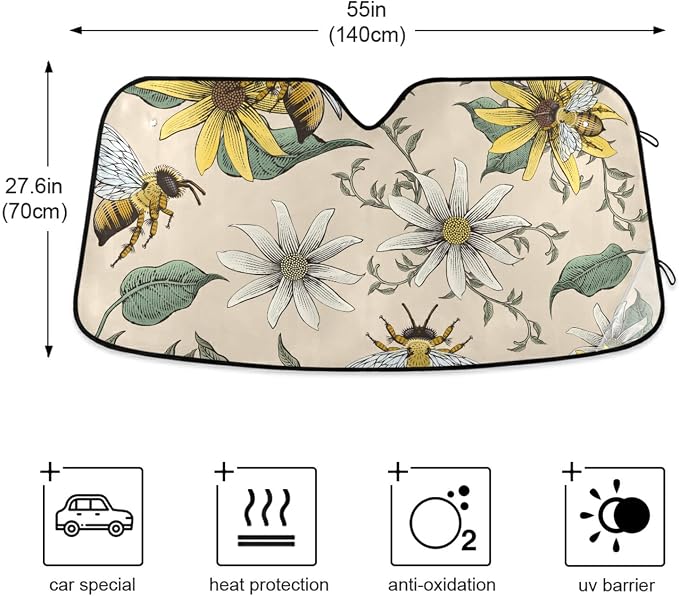 Bee White Daisy Windshield Sun Shade Blocks UV Rays Visor Protector Accordion Folding Sun Reflector Auto Sunshade for Car Truck SUV to Keep Your Vehicle Cool