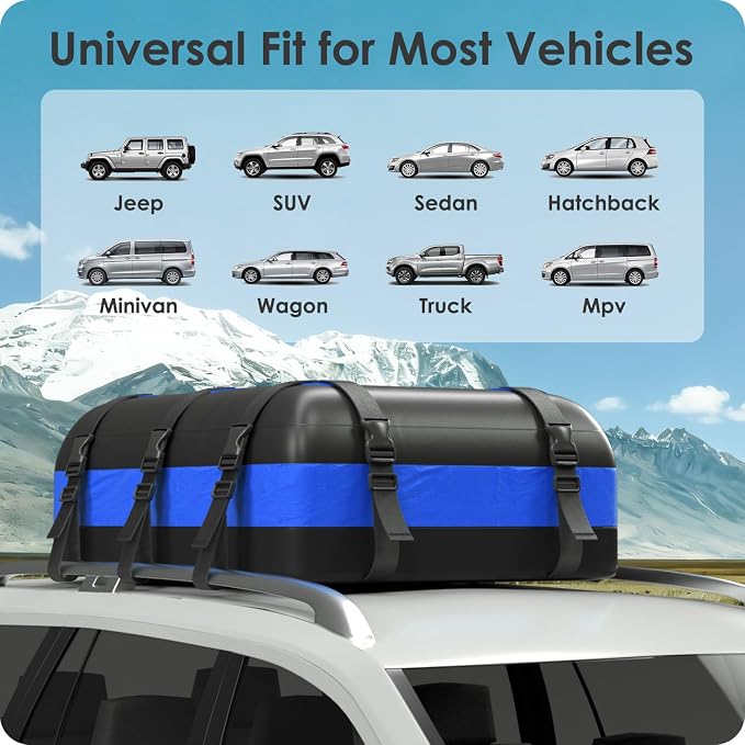 Car Rooftop Cargo Carrier Bag 20 Cubic Feet, 100% Waterproof Heavy Duty Car Roof Bag for All Vehicle with/Without Racks - Anti-Slip Mat, 6 Door Hooks, Storage Bags, 5CM Straps(Blue)