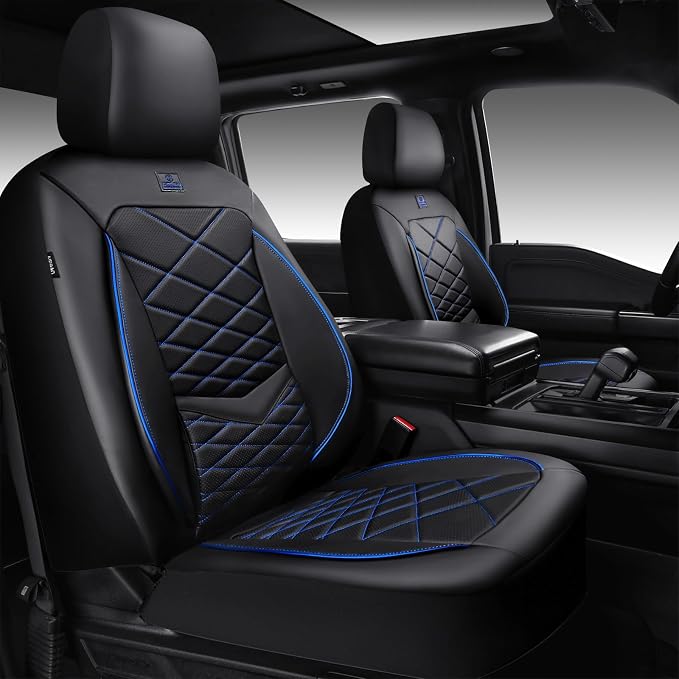 CAR PASS Luxury Nappa Leather Seat Covers Front, Water Resistant 3D Memory Foam Car Seat Covers with Lumbar Support,Thick Seat Cover Airbag Compatible Universal Fit for Sedan SUV Van Truck, Black Blue