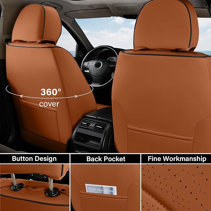 Coverado Front Seat Covers, Car Seat Covers Front Seats, Nappa Leather Seat Covers for Cars, Waterproof Seat Covers with Lumbar Support Universal Fit for Most Cars SUV Trucks (Front, Brown-Black)