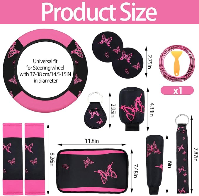 BBTO 43 Pcs Butterfly Car Seat Full Set Butterfly Car Accessories for Women 5 Front Rear Seat Covers Wrist Strap 2 Pcs Cup Mat Armrest Pad 2 Belt Xmas Cover Accessories for SUV(Pink, Black)