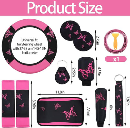 BBTO 43 Pcs Butterfly Car Seat Full Set Butterfly Car Accessories for Women 5 Front Rear Seat Covers Wrist Strap 2 Pcs Cup Mat Armrest Pad 2 Belt Xmas Cover Accessories for SUV(Pink, Black)
