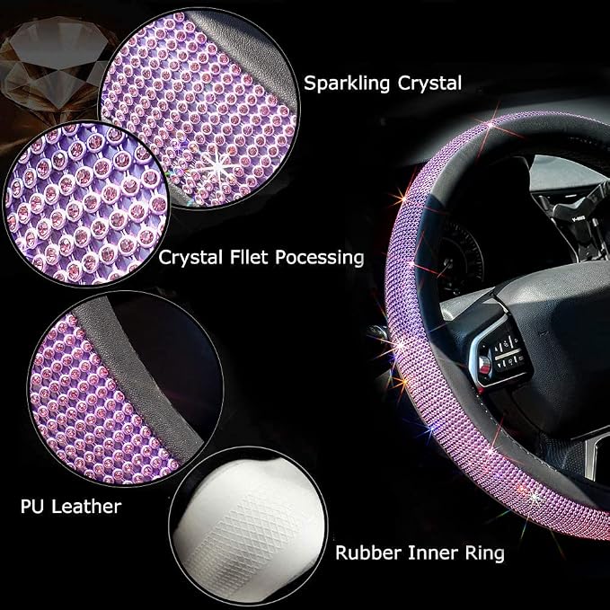 ChuLian New Diamond Leather Steering Wheel Cover with Bling Bling Crystal Rhinestones, Universal Fit 15 Inch Car Wheel Protector for Women Girls Purple Diamond