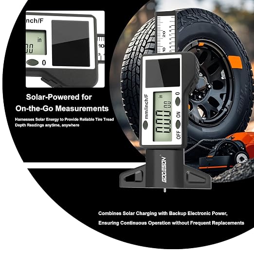 GODESON Digital Tire Tread Depth Gauge -Reads 32NDS, Inch & MM/Solar/Battery Hybrid Power/1" (25.4mm) Range/Accurate Tire Thread Depth Gauge Tool Suitable for Cars, Trucks, Motorcycles