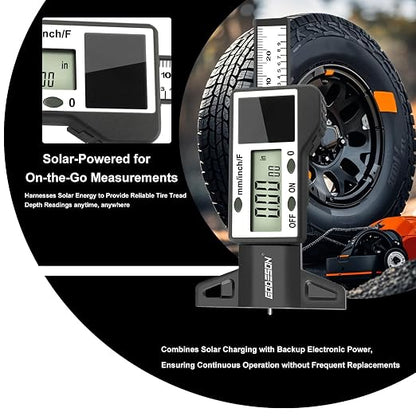 GODESON Digital Tire Tread Depth Gauge -Reads 32NDS, Inch & MM/Solar/Battery Hybrid Power/1" (25.4mm) Range/Accurate Tire Thread Depth Gauge Tool Suitable for Cars, Trucks, Motorcycles