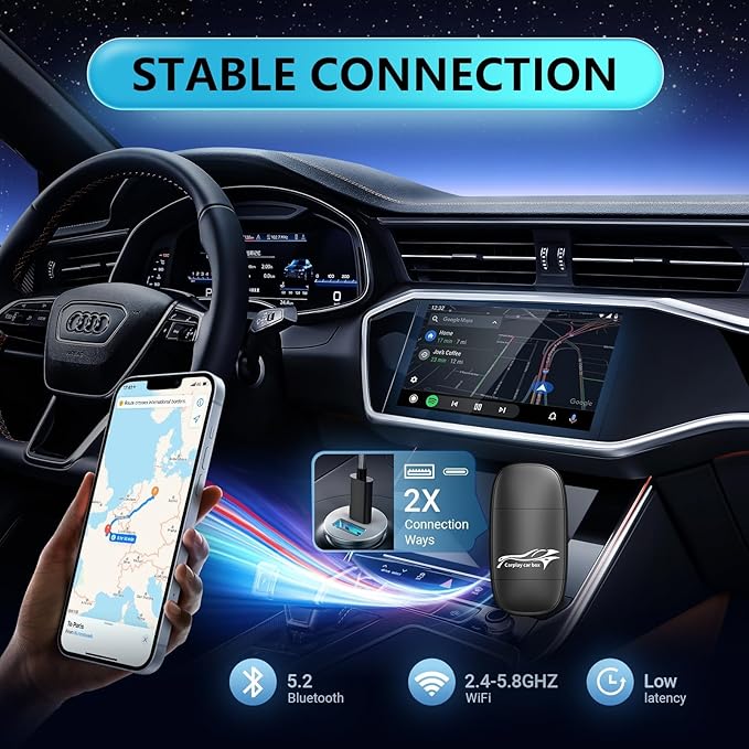 Wireless CarPlay Adapter for Apple, Convert Wired to Wireless Apple Car Play Adapter, Compatible with iOS 10+ and 2017+ Cars, Play and Plug, Stable Connection