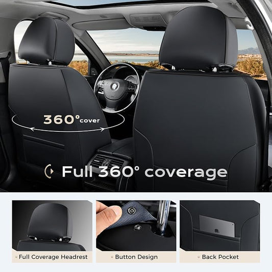 Coverado Car Seat Covers Front Seats, 2 Piece Car Seat Protector Waterproof Leather Seat Cushion Universal Fit for Truck Automotive Vehicles Black