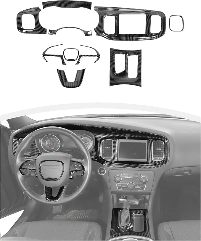 for Dodge Charger 2015+ Central Control Interior Cover Trim Kit, 10pcs Carbon Fiber Central Control Dash & Gear Shift Panel Decor Cover Trim Set Interior Accessories
