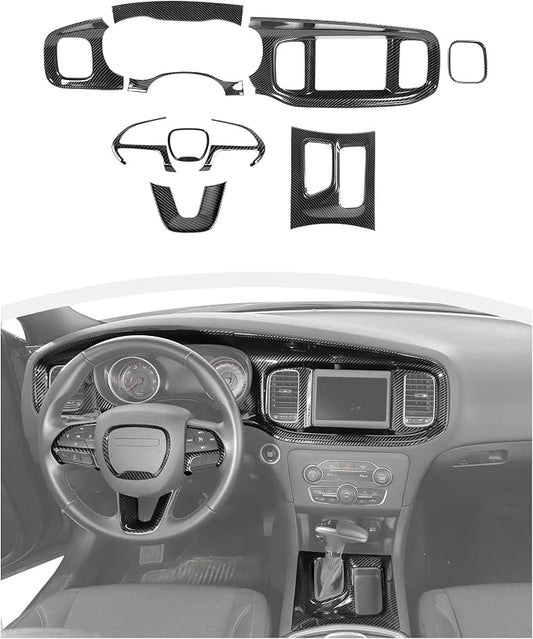 for Dodge Charger 2015+ Central Control Interior Cover Trim Kit, 10pcs Carbon Fiber Central Control Dash & Gear Shift Panel Decor Cover Trim Set Interior Accessories