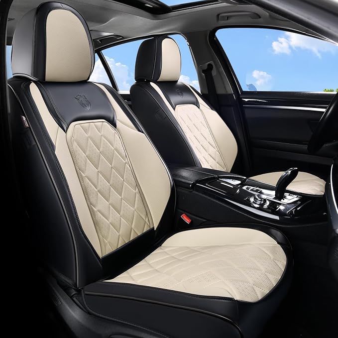 Coverado Car Seat Covers Front Seats, Waterproof Faux Leather Car Seat Covers 2 Pack, Universal Car Seat Protector Driver Seat Covers Fit for Most Cars Trucks SUV- Black&White