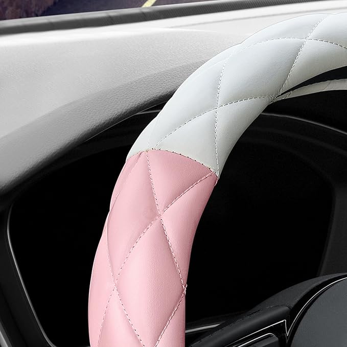 YHONGJT Cute Soft Microfiber Leather Anti-Slip Steering Wheel Cover, Universal 15 Inch for Women Girls, Fit Vehicles, Sedans, SUVs, Vans, Trucks - Light Pink and White