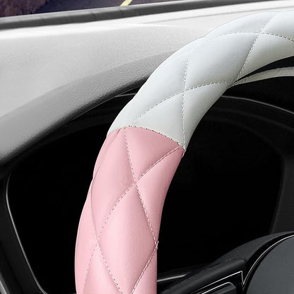YHONGJT Cute Soft Microfiber Leather Anti-Slip Steering Wheel Cover, Universal 15 Inch for Women Girls, Fit Vehicles, Sedans, SUVs, Vans, Trucks - Light Pink and White