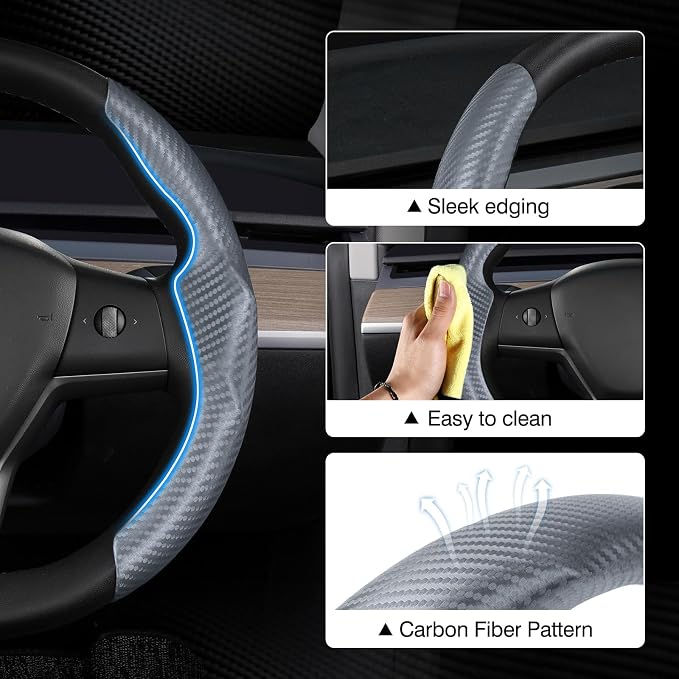 Canvcle Steering Wheel Cover for Tesla Model 3/Y 2016-2025 2026 Highland/Juniper Accessories Carbon Fiber Steering Wheel Cover Protector Non-Slip, Comfortable, Breathable, Model 3/Y Accessories, Gray