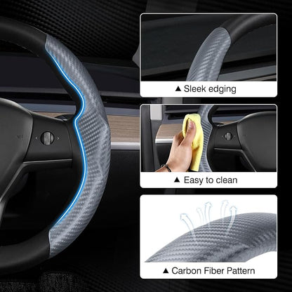 Canvcle Steering Wheel Cover for Tesla Model 3/Y 2016-2025 2026 Highland/Juniper Accessories Carbon Fiber Steering Wheel Cover Protector Non-Slip, Comfortable, Breathable, Model 3/Y Accessories, Gray