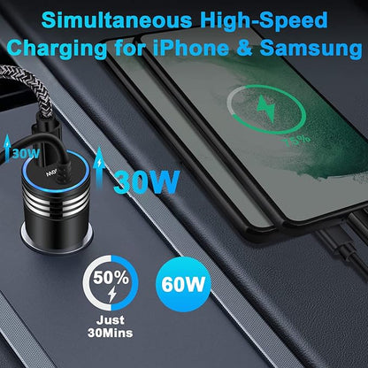 60W Super Fast Charging Android Car Charger Type C Rapid Samsung Car Charger with 3ft Built-in USB C Cable for Samsung Galaxy S26 S25 Edge S24 Ultra S23 S22 S21 A57 A17 A56 A36 A16 A35 A15 A54 A14 A53