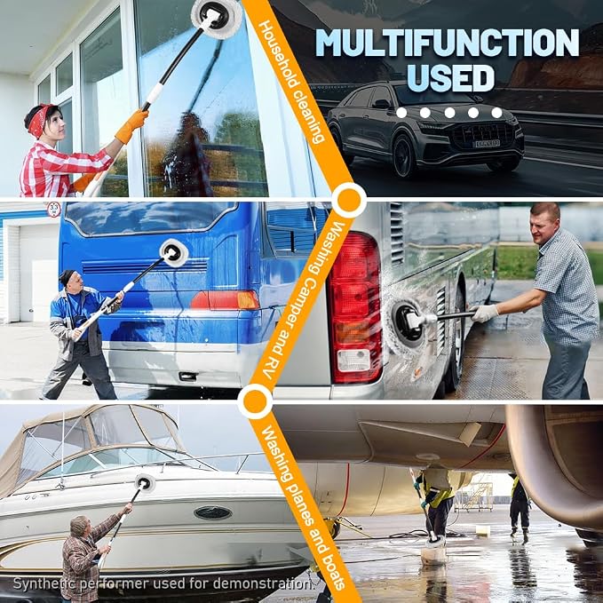 Car Wash Brush with Long Handle, Chenille Microfiber Car Wash Mop Kit, Scratch Free Car Cleaning Supplies with Ergonomic 15掳 Curved Extension Pole for RV Truck Boat Windshield - White