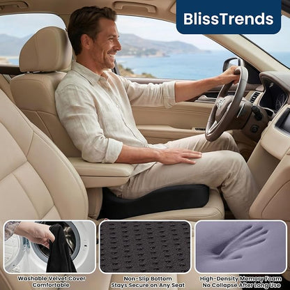 BlissTrends Seat Cushion with Velvet Cover, Thick Memory Foam Cushions for Office Chair, Car Seat, Airplane, Relieving Pressure Tailbone Sciatica Back Pain for Long Sitting, Car Drivers 4.7in Black