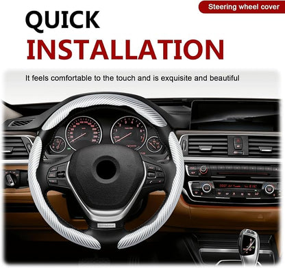3pcs Universal Carbon Fiber Steering Wheel Cover - Anti-Slip & Segmented Design, Universal 99% Durable Steering Wheel Protector for Men and Women, Car Interior Accessory (White)