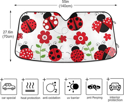 Ladybugs Flower Car Windshield Sun Shade Red Scarab Foldable UV Ray Sun Visor Protector Sunshade to Keep Your Vehicle Cool (55" x 27.6")
