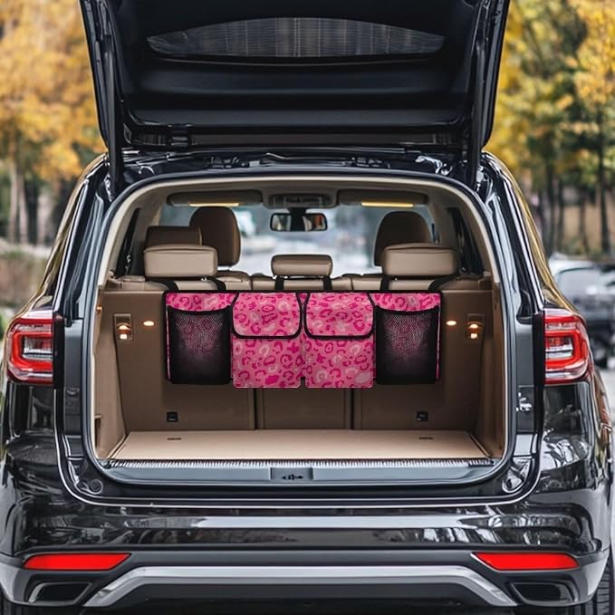 Sturdy Car Trunk Organizer Pink Leopard Print Trunk Hanging Storage Bag Multipurpose Cargo Bag,Frees Trunk Floor
