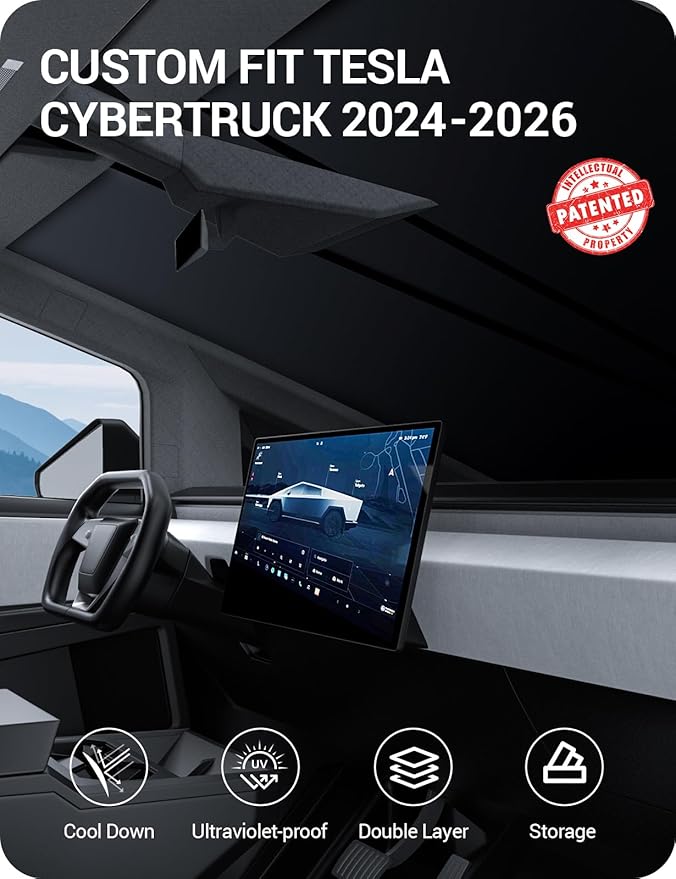 BASENOR 2024 2025 2026 Tesla Cybertruck Windshield Sunshade [Nano Ice Crystal Cooling] Folding Front Window Sun Shade Block UV Full Cover [No Gaps] Heat Protection Visor for Cybertruck Accessories