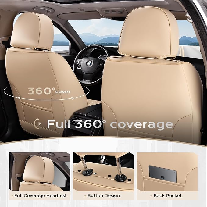 Coverado Front Seat Covers, Luxury Faux Leather Seat Covers for Cars, Beige Car Seat Covers, Car Seat Protector Waterproof, Automotive Interior Accessories Universal Fit for Most Cars Truck SUV Sedan
