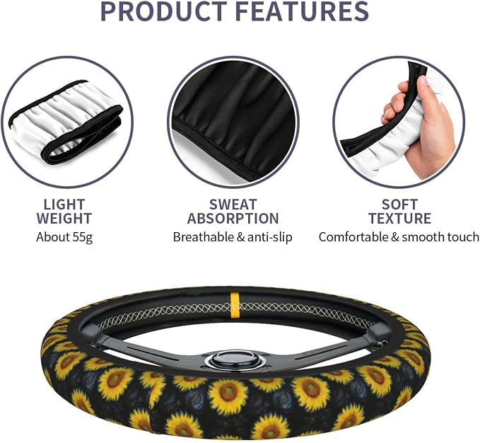 Sunflower Steering Wheel Cover Universal 14-15 Inch Breathable Anti Slip with 2 Pieces Car Coasters Sunflower Car Accessories Decor for Men Women
