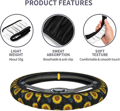 Sunflower Steering Wheel Cover Universal 14-15 Inch Breathable Anti Slip with 2 Pieces Car Coasters Sunflower Car Accessories Decor for Men Women