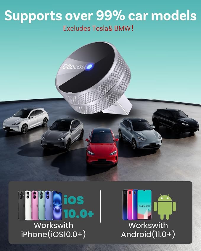 OTTOCAST Mini Tube 2026 Upgrade Wireless CarPlay & Android Auto Adapter, WiFi 6 + Bluetooth 5.4, Instant Auto-Connect, Ultra-Compact Design, Plug & Play USB/USB-C for 2016+ Vehicles