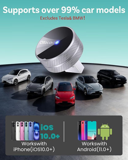 OTTOCAST Mini Tube 2026 Upgrade Wireless CarPlay & Android Auto Adapter, WiFi 6 + Bluetooth 5.4, Instant Auto-Connect, Ultra-Compact Design, Plug & Play USB/USB-C for 2016+ Vehicles