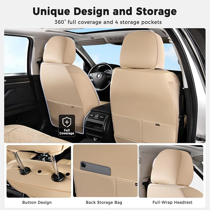 Huidasource Front Leather Seat Covers, Car Seat Covers Front Seats Universal Fit for Most Cars SUV Trucks, 360° Full Wrap Luxury Automotive Seat Covers, Seat Cushion Covers Protector, Beige
