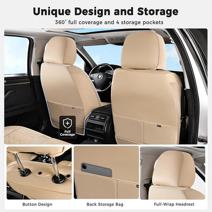 Huidasource Front Leather Seat Covers, Car Seat Covers Front Seats Universal Fit for Most Cars SUV Trucks, 360° Full Wrap Luxury Automotive Seat Covers, Seat Cushion Covers Protector, Beige