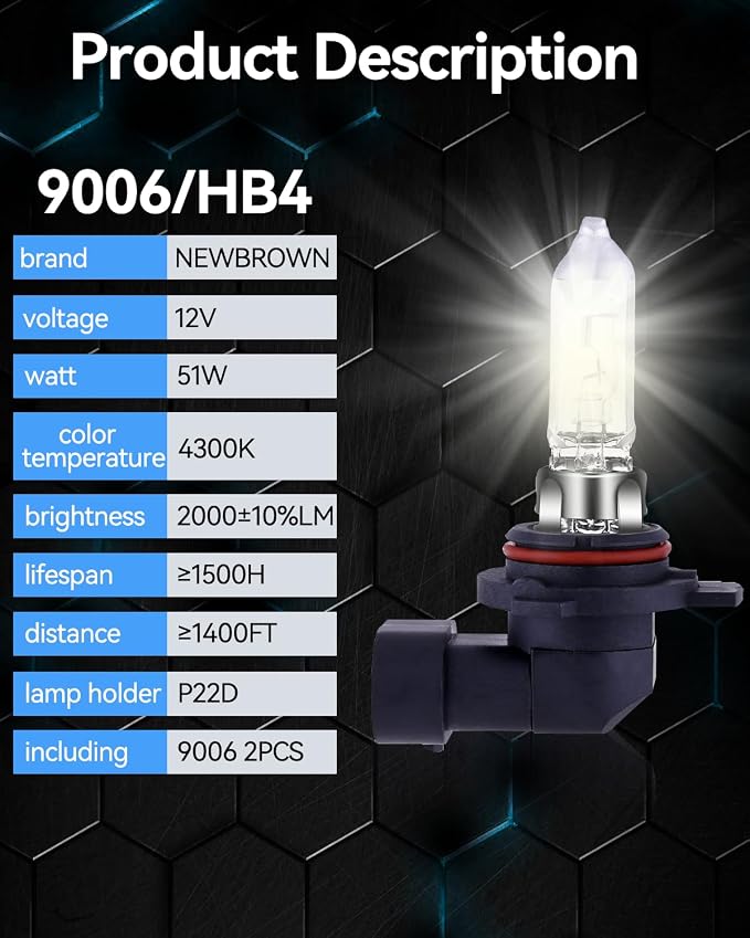 NEWBROWN 9006 HB4 Headlight Bulbs 200% brightness 4300K White 12V/51W HB4 9006 Bulb Halogen Long Life Replacement P22D (9006/HB4, 2 Pack)
