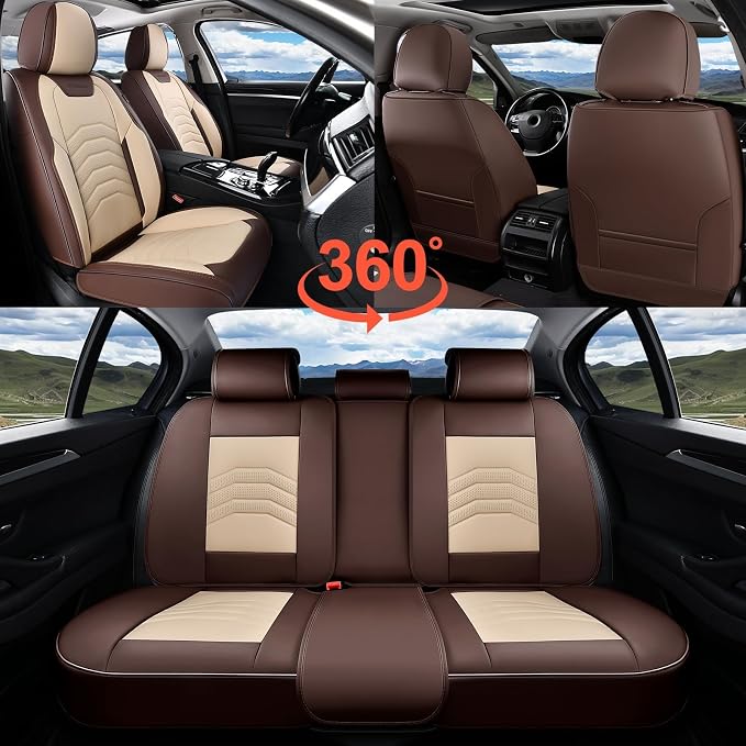 Coverado Seat Covers for Cars, 5 Seats Seat Covers Full Set, Faux Leather Seat Covers for Cars, Automotive Seat Covers Universal Car Seat Protector Seat Cushion Fit for Most Cars Trucks, Coffee&Beige