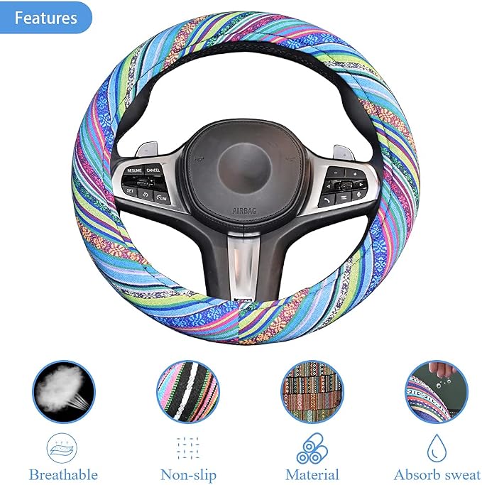 Universal 15inch Ethnic Style Baja Blanket Steering Wheel Cover with Coarse Flax Cloth and Sweat Absorption Anti Slip Car Wrap (Boho Blue)