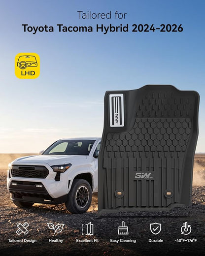 3W Floor Mats Fit for Toyota Tacoma Hybrid 2024 2025 2026 with Metal Pedals, TPE All Weather Custom Fit Floor Liner for Tacoma Accessories 1st and 2nd Row Full Set Car Mats Easy Clean, Black