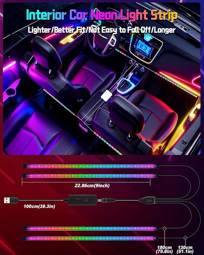 Car LED Lights Interior, Dream Color RGB-IC Interior Car Lights with App & Remote Control Music Sync Color Changing USB Under Dash LED Lights for Jeeps Trucks SUVs, DC 5V
