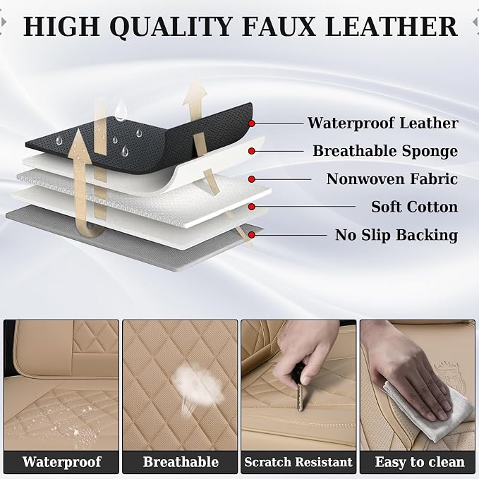 Coverado Car Seat Covers Full Set, Luxury Faux Leather Waterproof Seat Cover, 5 Seat Universal Seat Covers for Cars, Front and Back Car Seat Protector, Beige Leather Seat Cover Fit for Most Cars