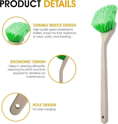 Soft Bristle Wheel Chemical-Resistant Brush for Fender and Wheel Cleaning - 2-1/2" Sturdy Bristle and 20" Ergonomic Long Handle - Cleaning Tool for Automotive Maintenance - Pack of 3