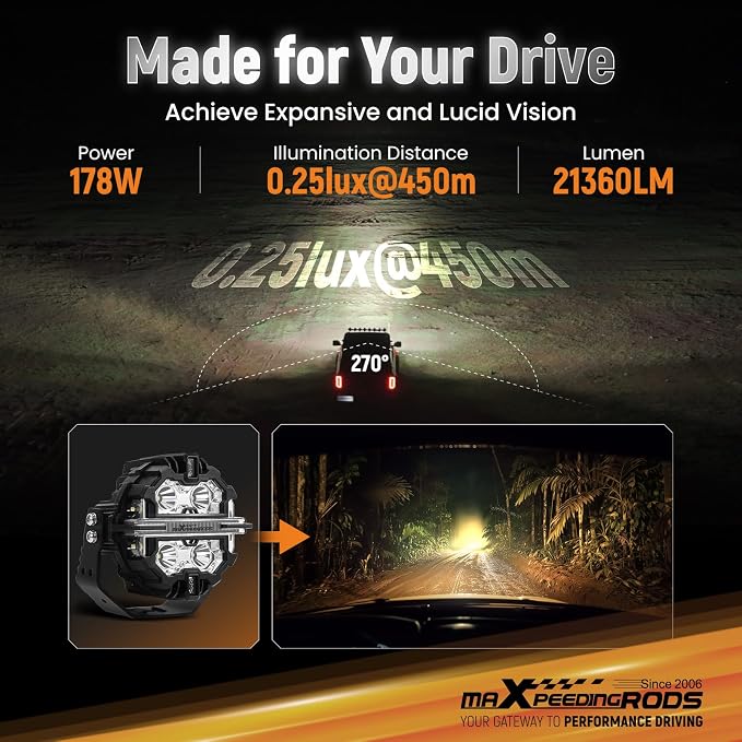 maXpeedingrods 2 Pack 5" LED Off Road Lights 178W 21360LM Round Fog Lights with Amber/White DRL, LED Light Bar 270°Side Shooter for Trucks SUV Pickup ATV Motorcycles, with 4 Black Light Covers