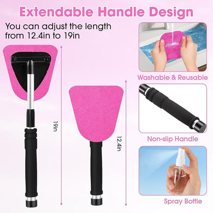 Pink Windshield Cleaner Tool, Car Interior Cleaning Kit with Extendable Handle and 3 Reusable Microfiber Pads, Auto Glass Wiper and Detailing Brush Kit for Car & Home Window