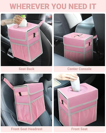 Capolo Car Trash Can with Lid, Leakproof Car Trash Bag Hanging Waterproof Automotive Garbage Can with Storage Pockets Mini Vehicle Trash Bin for Back/Front Seat(Pink,3 Gallon)