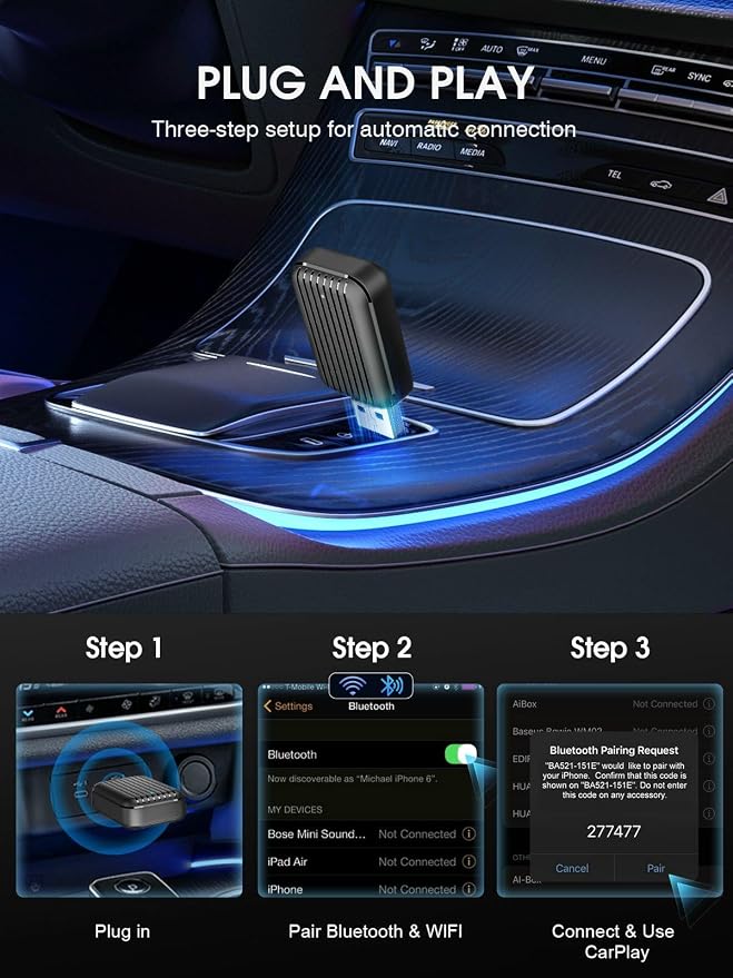 Wireless Carplay Adapter for Apple iPhone: 2025 Upgraded Mini Car Play Dongle Convert Factory Wired to Wireless - Stable Control & No Delay USB Carplay Adapter for Cars from 2016 & iOS 10+