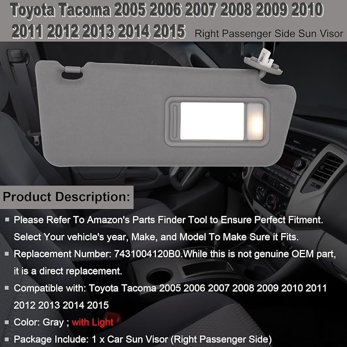 NHILES Passenger Right Side Sun Visor Replacement Fits for Toyota Tacoma 2005-2015 Sunshade with Light 7431004120B0 Color Gray